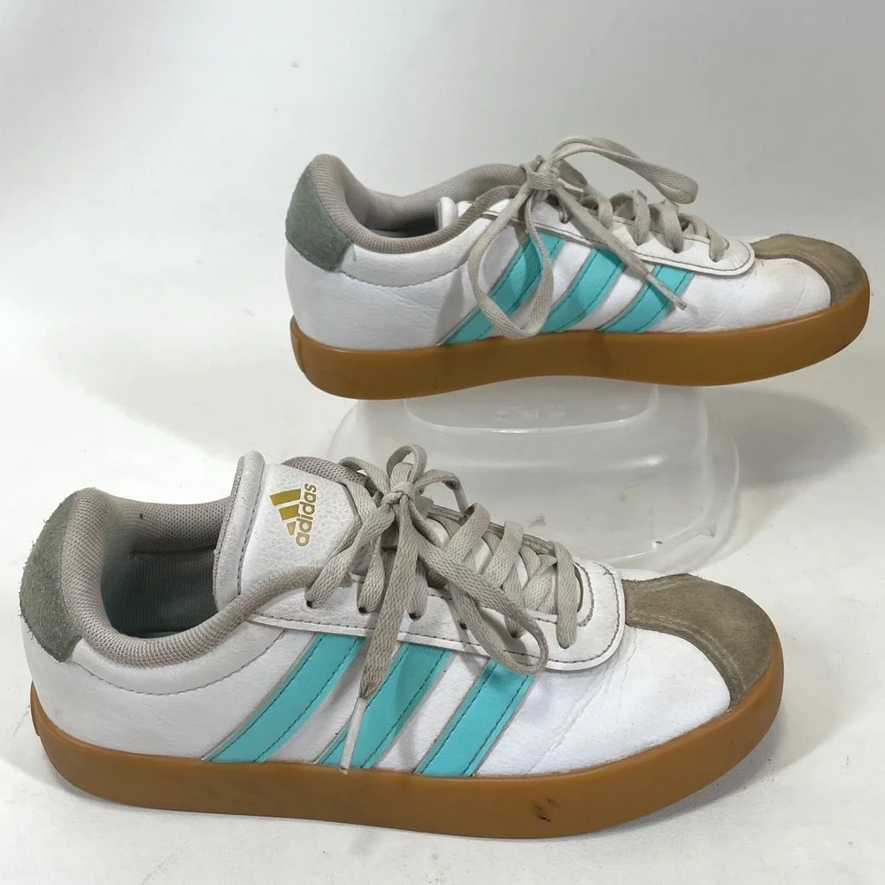 Adidas VL Court 3.0 White Turquoise Gum Sole Leather Sneakers JS2596 youth 3